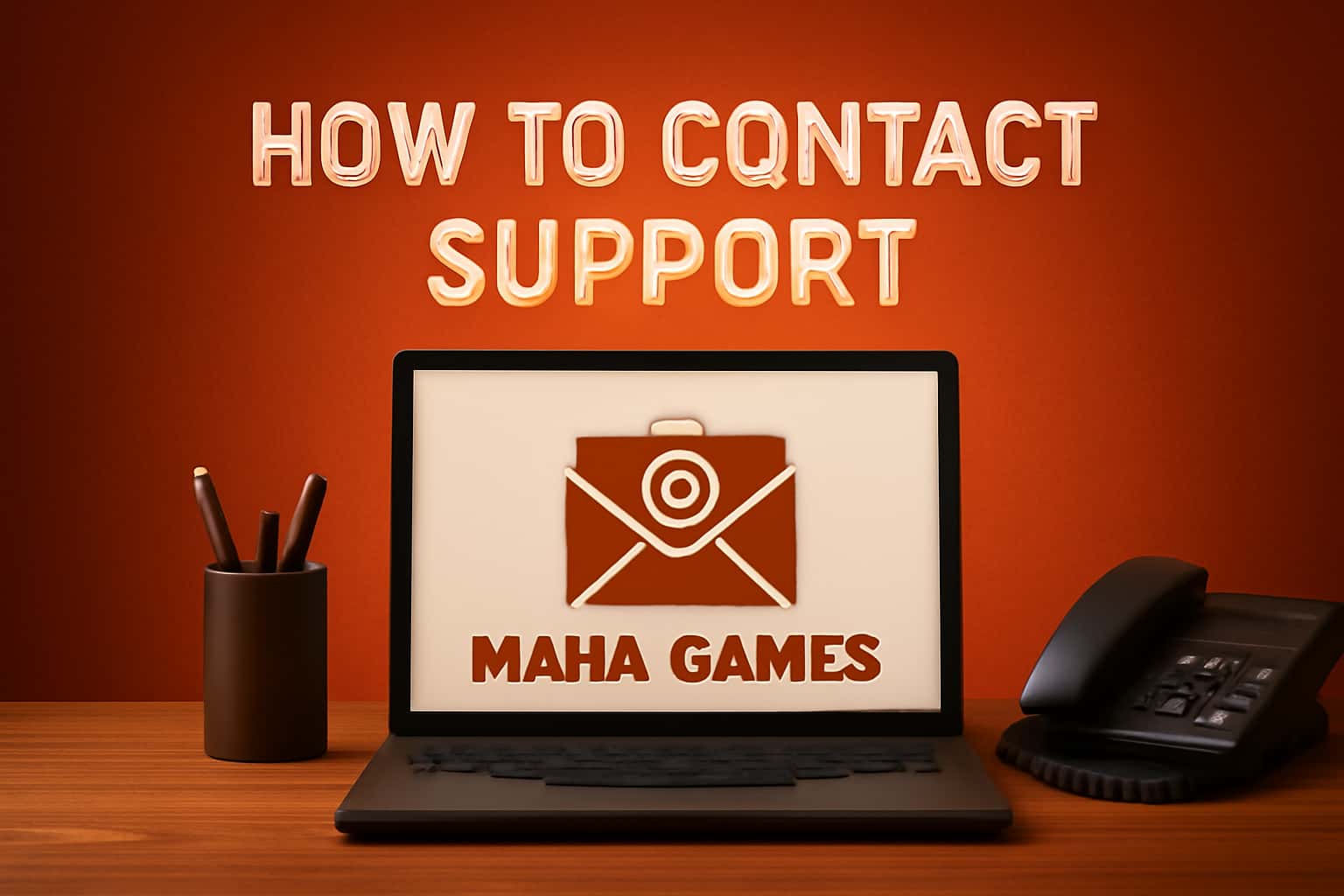 A futuristic representation of customer support in a gaming context, showcasing a high-tech ambiance with the text 'Maha Games'.