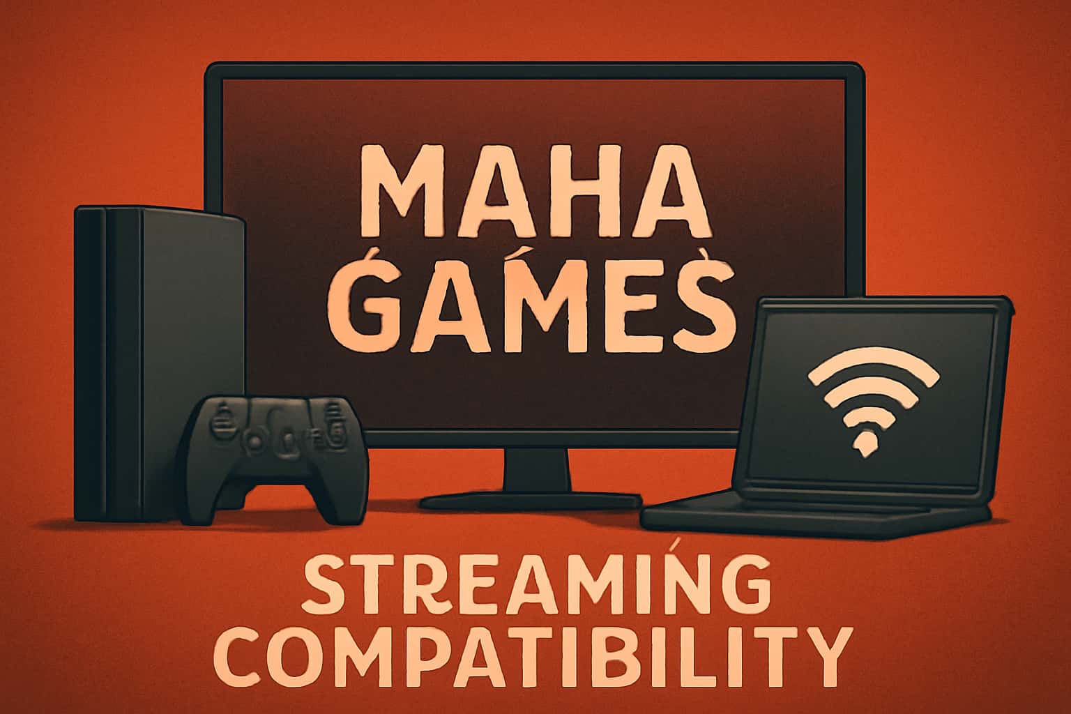 An illustrative scene depicting the concept of Maha Games Streaming Compatibility with relevant device icons.